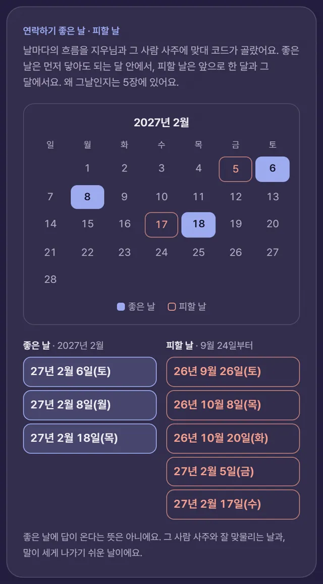 연락하기 좋은 날·피할 날을 달력으로